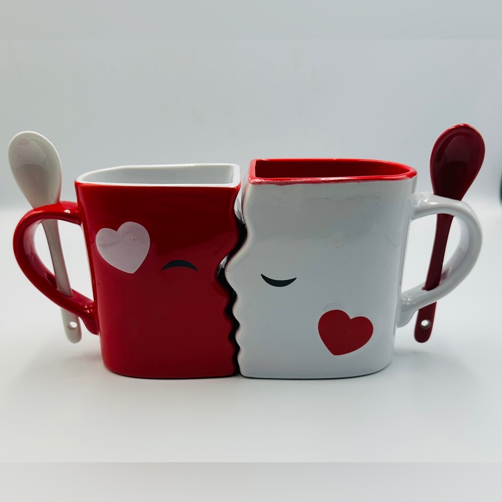 Red And White Ceramic Kissing Mug Set With Matching Spoons By Blue Devil
